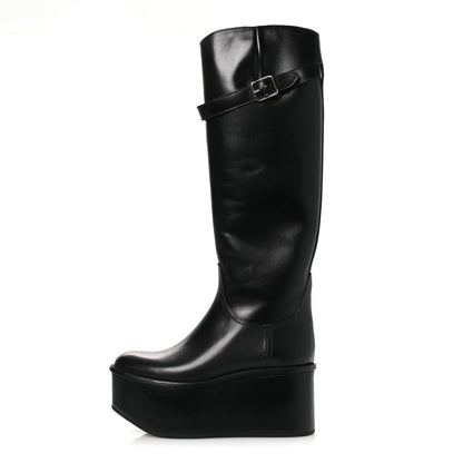 Calfskin Wedge Riding Boots 38 Black